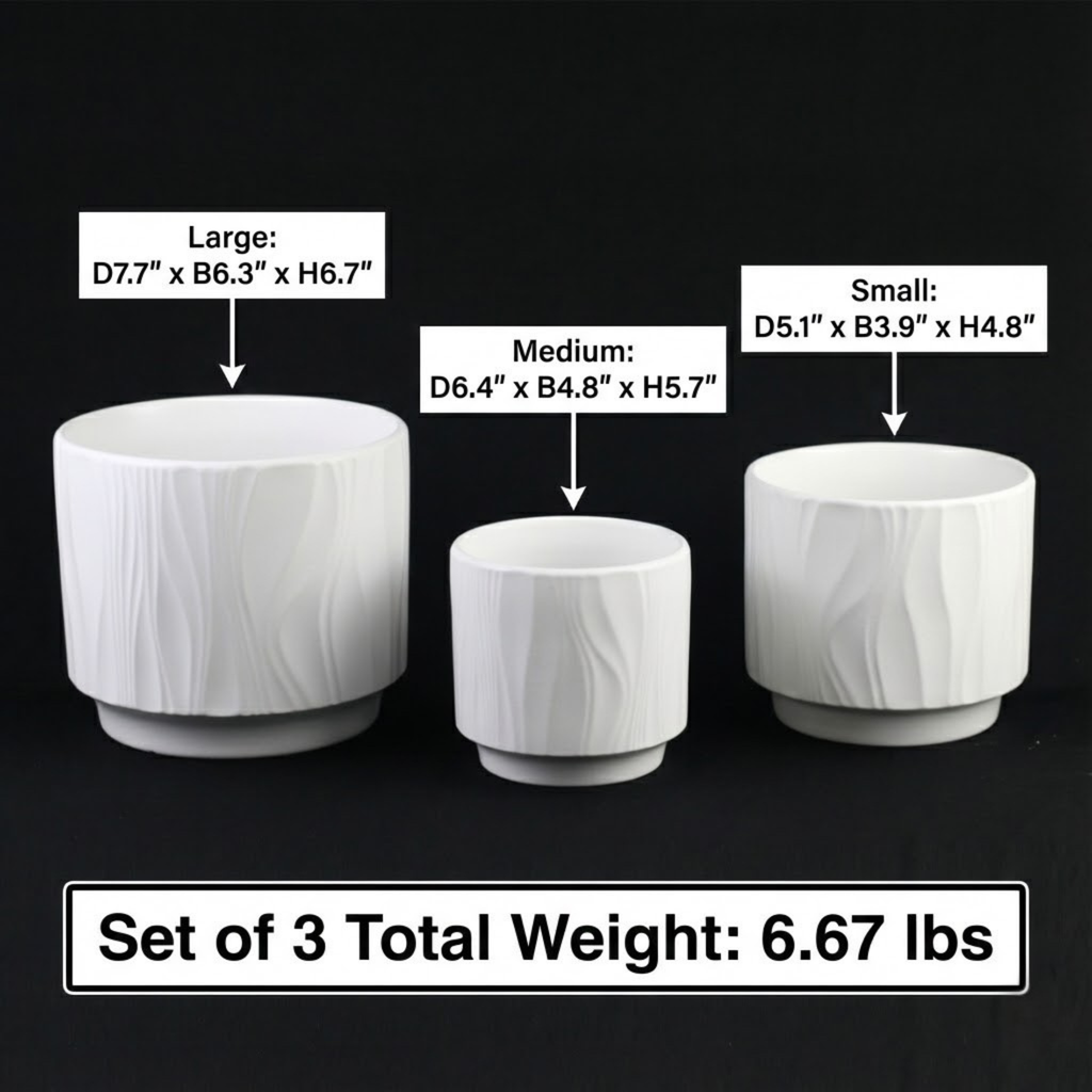 3-Piece White Stoneware Planter Pot Set with Embossed Texture