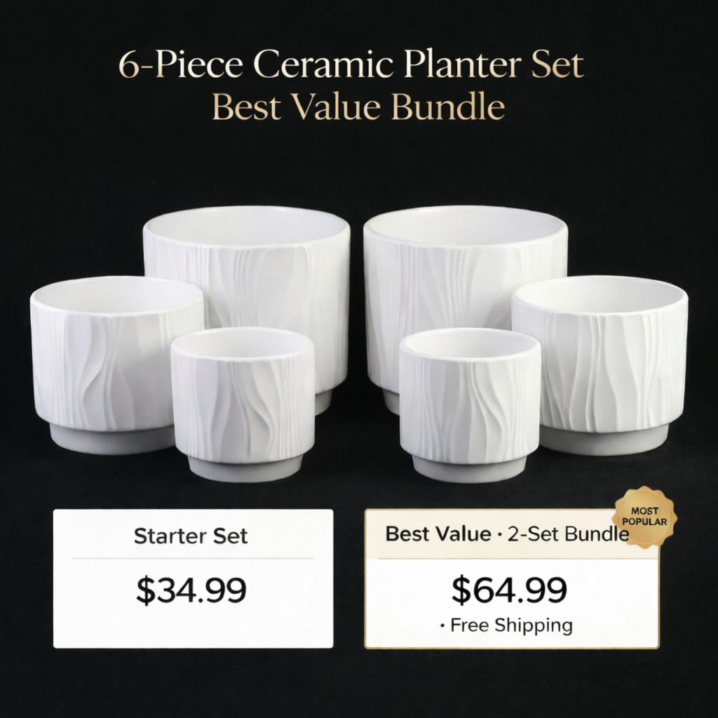 3-Piece White Stoneware Planter Pot Set with Embossed Texture