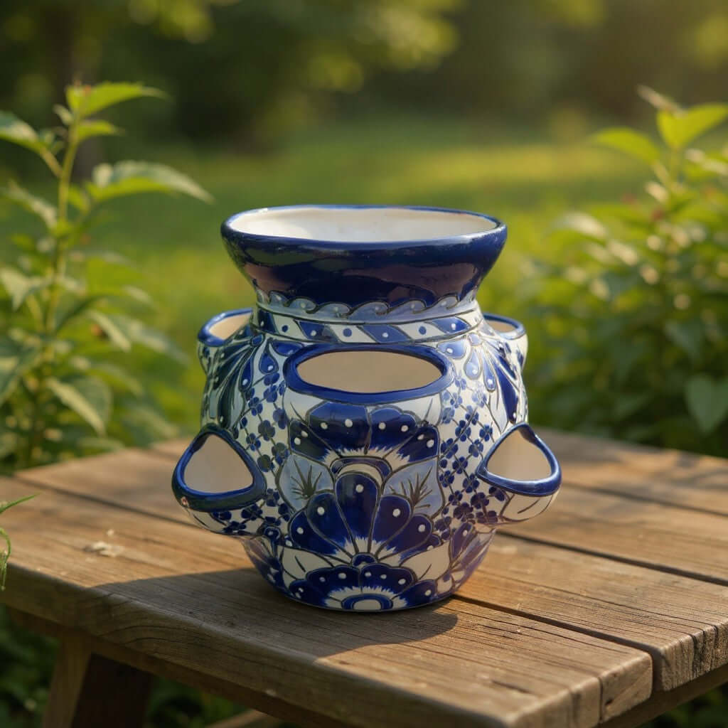 Blue & White Talavera Strawberry Planter | Handmade Mexican Pot